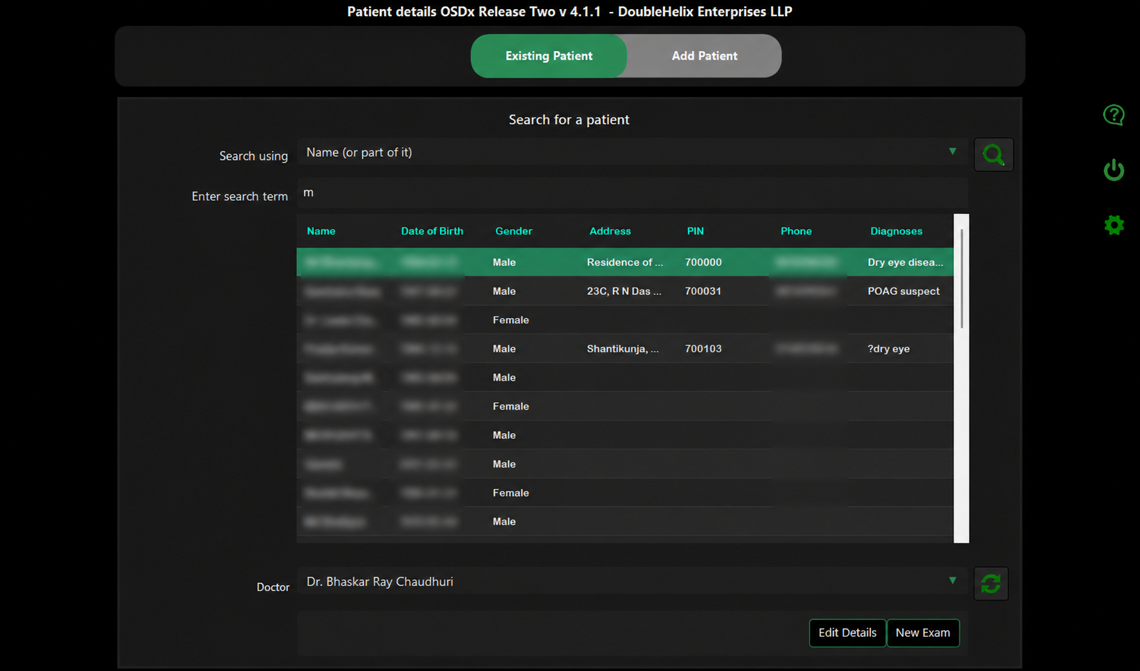 OSDx Existing Patient screen